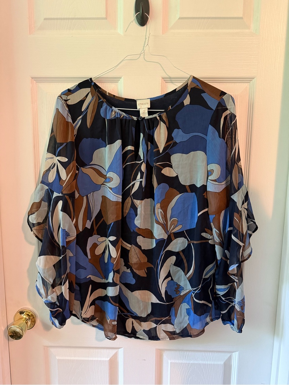 Chico's Navy Blue and Brown Floral Semi-Sheer Blouse